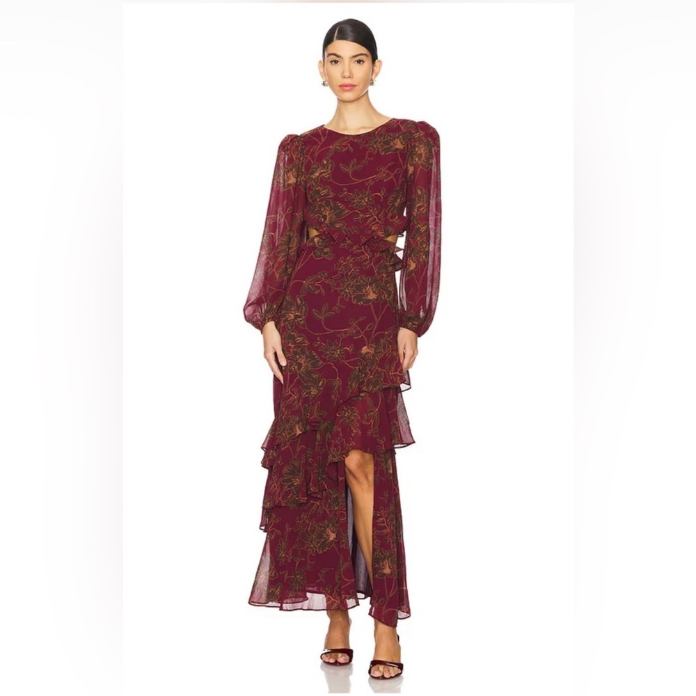 ASTR Burgundy Floral Maxi Dress with Gold Accents